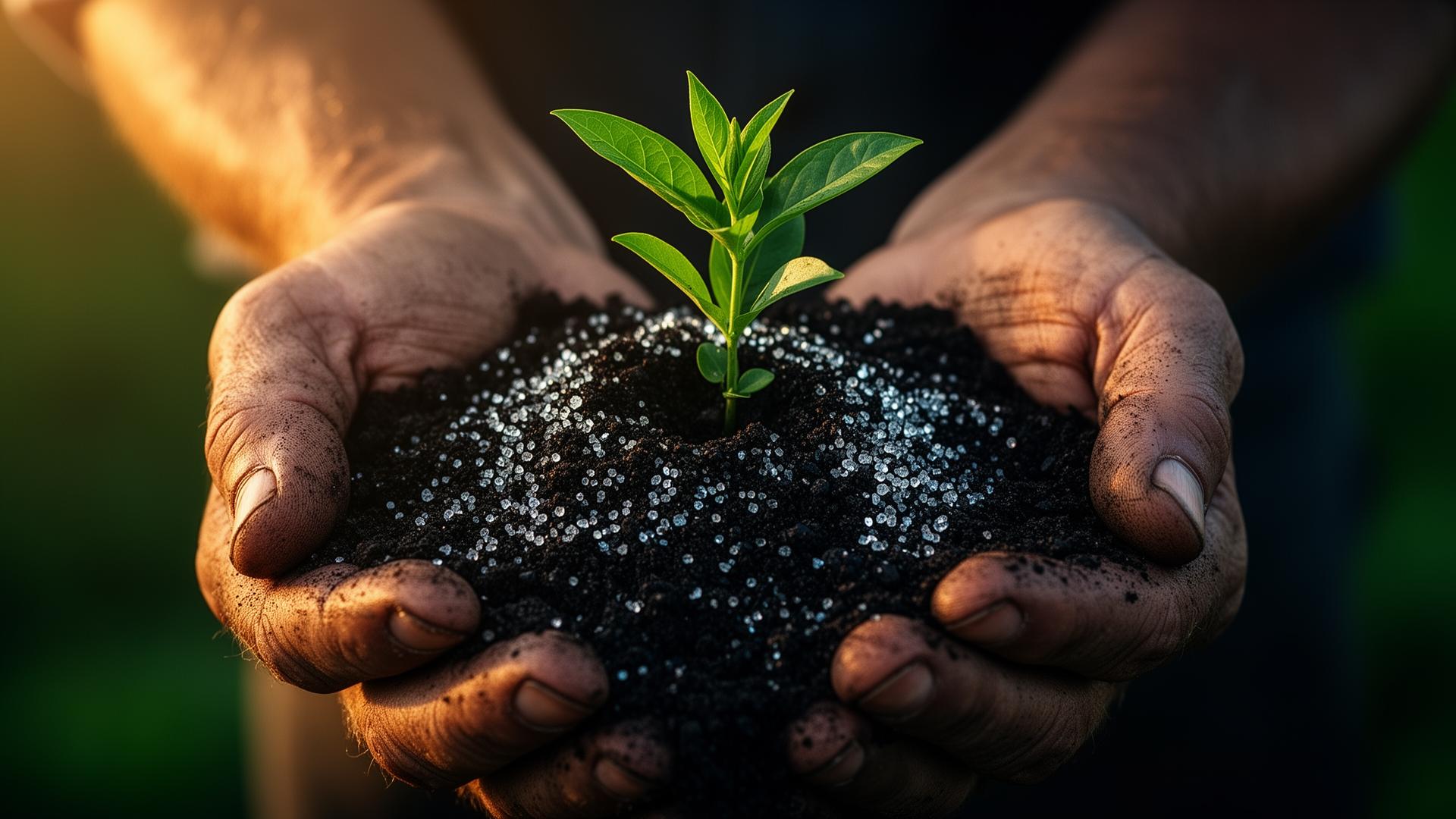 Hands holding rich black loam with vermiculite and a young green seedling