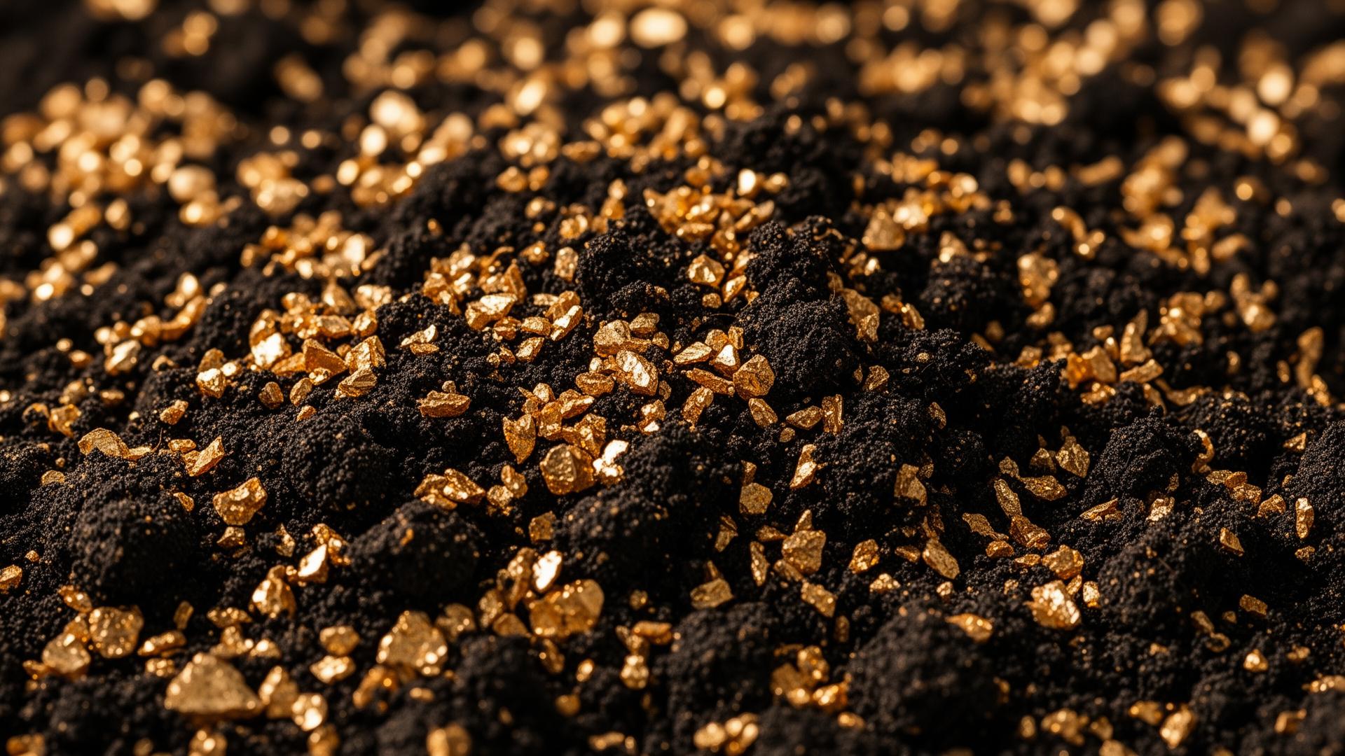 Macro of black loam with golden vermiculite flecks